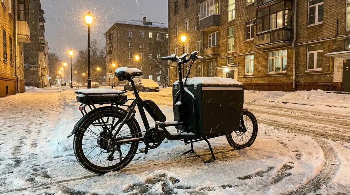 Электровелосипед курьера на заснеженной московской улице вечером