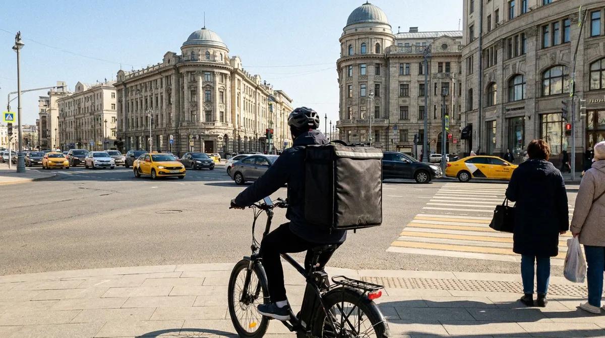 Курьер на электровелосипеде ждёт зелёный сигнал на переходе в Москве